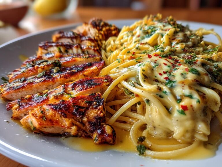 Grillowany kurczak z kremowym makaronem w sosie czosnkowo-parmezanowym