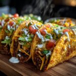 chrupiące tacos z wołowiną, cheddarem i świeżymi dodatkami