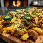 frytki z szarpaną wołowiną, sosem serowym i jalapeño